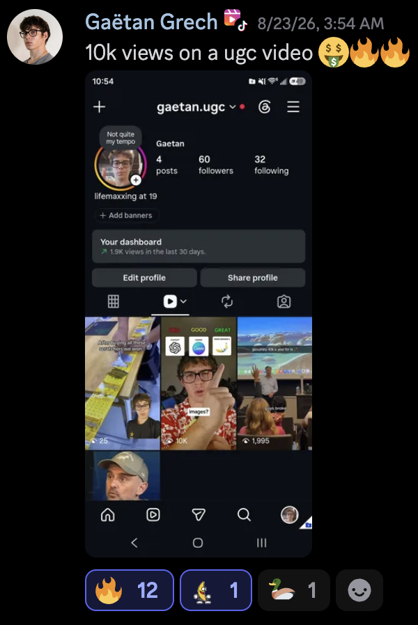Original community post by Gaëtan Grech: 10k views on a ugc video