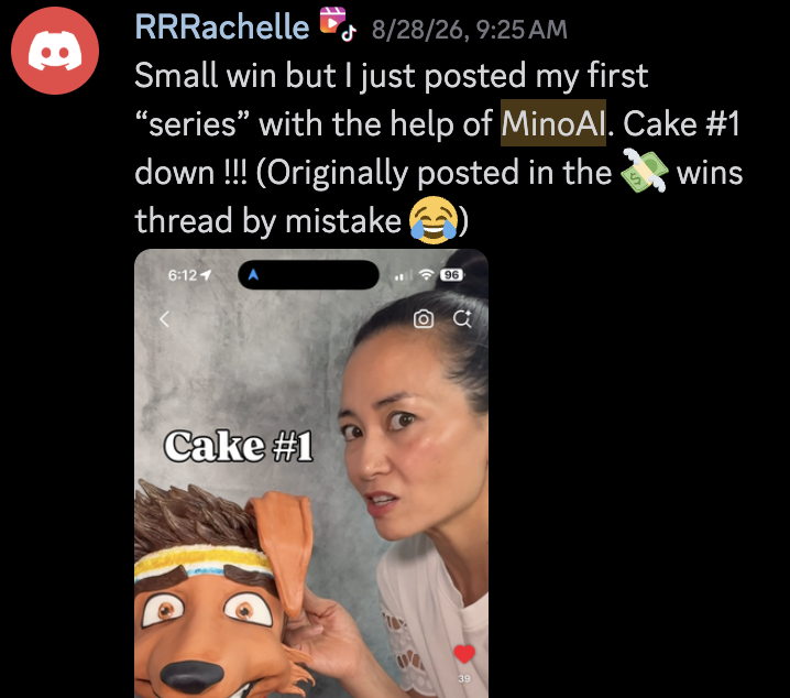 Original community post by RRRachelle: Small win but I just posted my first “series” with the help of MinoAI. Cake #1 down !!!