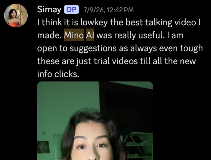 Original community post by Simay: I think it is lowkey the best talking video I made. Mino AI was really useful.